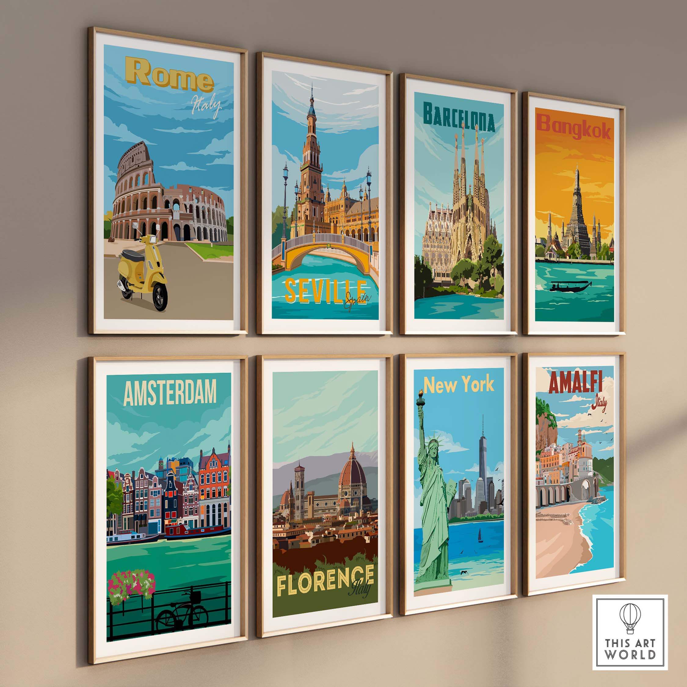Rome Print Poster Wall Art featuring vintage designs of iconic cities like Barcelona, Bangkok, and New York for travel enthusiasts.