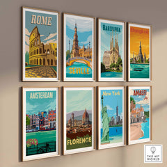 Vintage travel posters including Rome, Barcelona, Bangkok, and more, displayed in stylish frames on a wall.