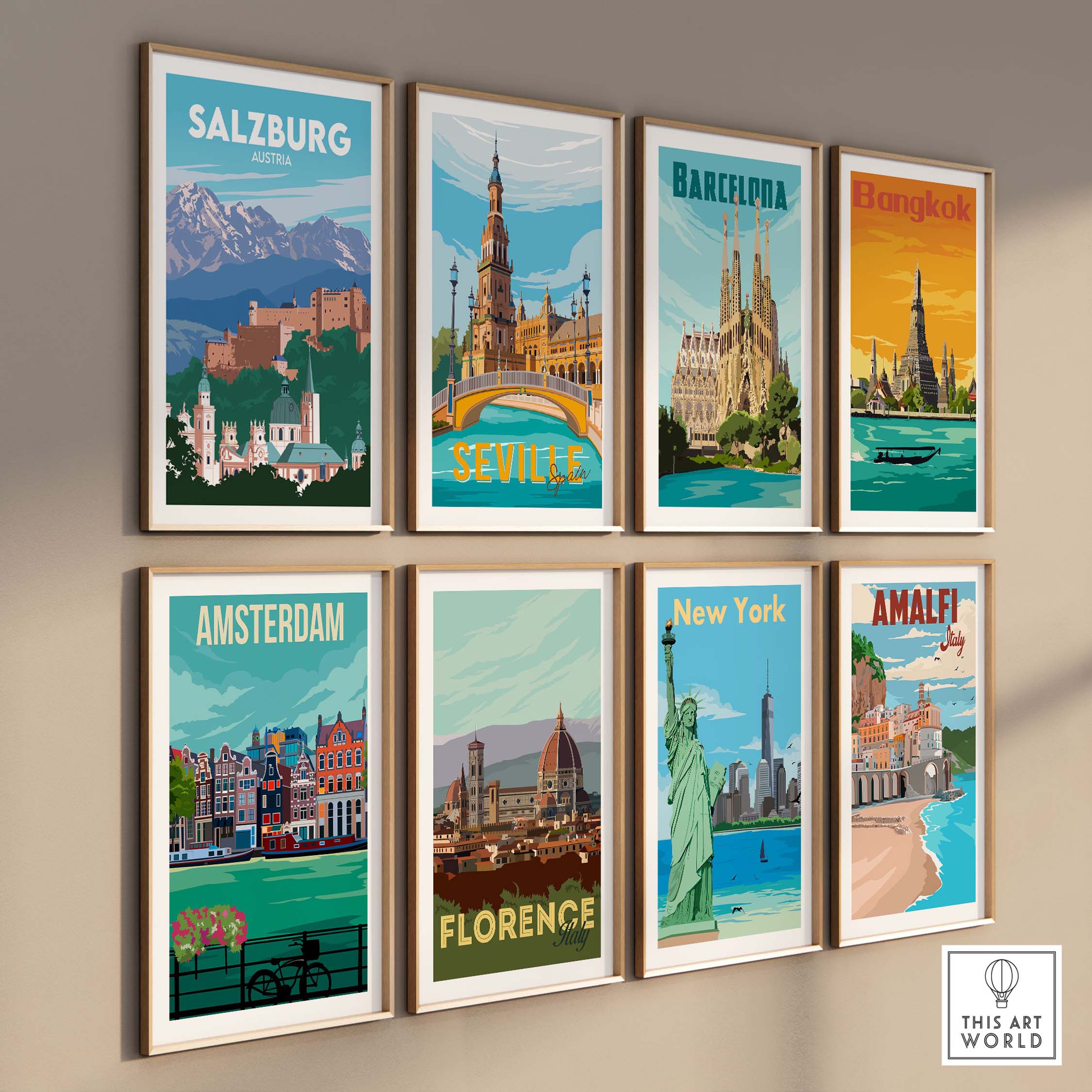 Collection of vintage travel posters featuring Salzburg, Barcelona, Bangkok, Seville, Amsterdam, Florence, New York, and Amalfi.