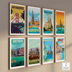 San Francisco wall art poster collection featuring vintage travel styles, framed prints of iconic landmarks from various cities.