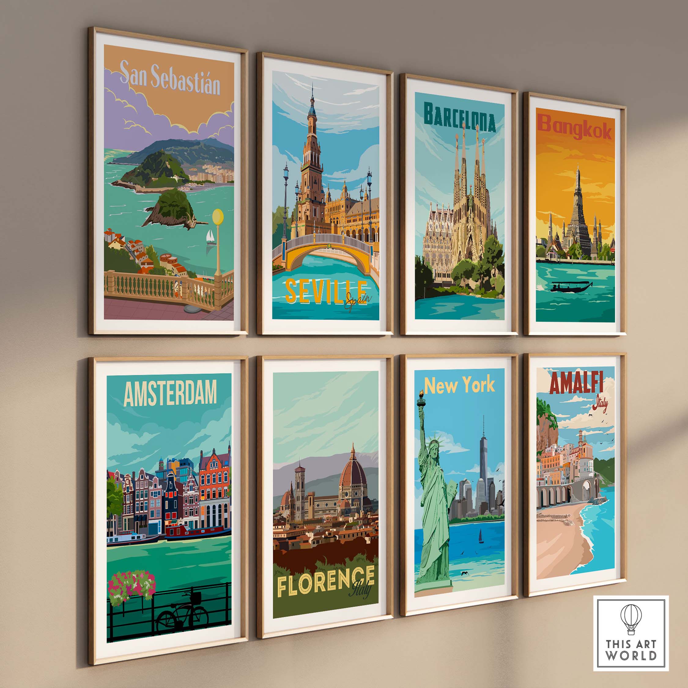 Collection of vintage travel poster prints featuring San Sebastian, Barcelona, Bangkok, Seville, Amsterdam, Florence, New York, Amalfi.