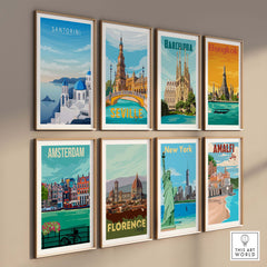 Santorini Print Wall Art featuring travel posters in a minimalist style, showcasing iconic cityscapes and vibrant colors.