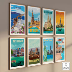 Collection of vintage travel poster prints featuring Santorini, Barcelona, Bangkok, and more, displayed in stylish frames.