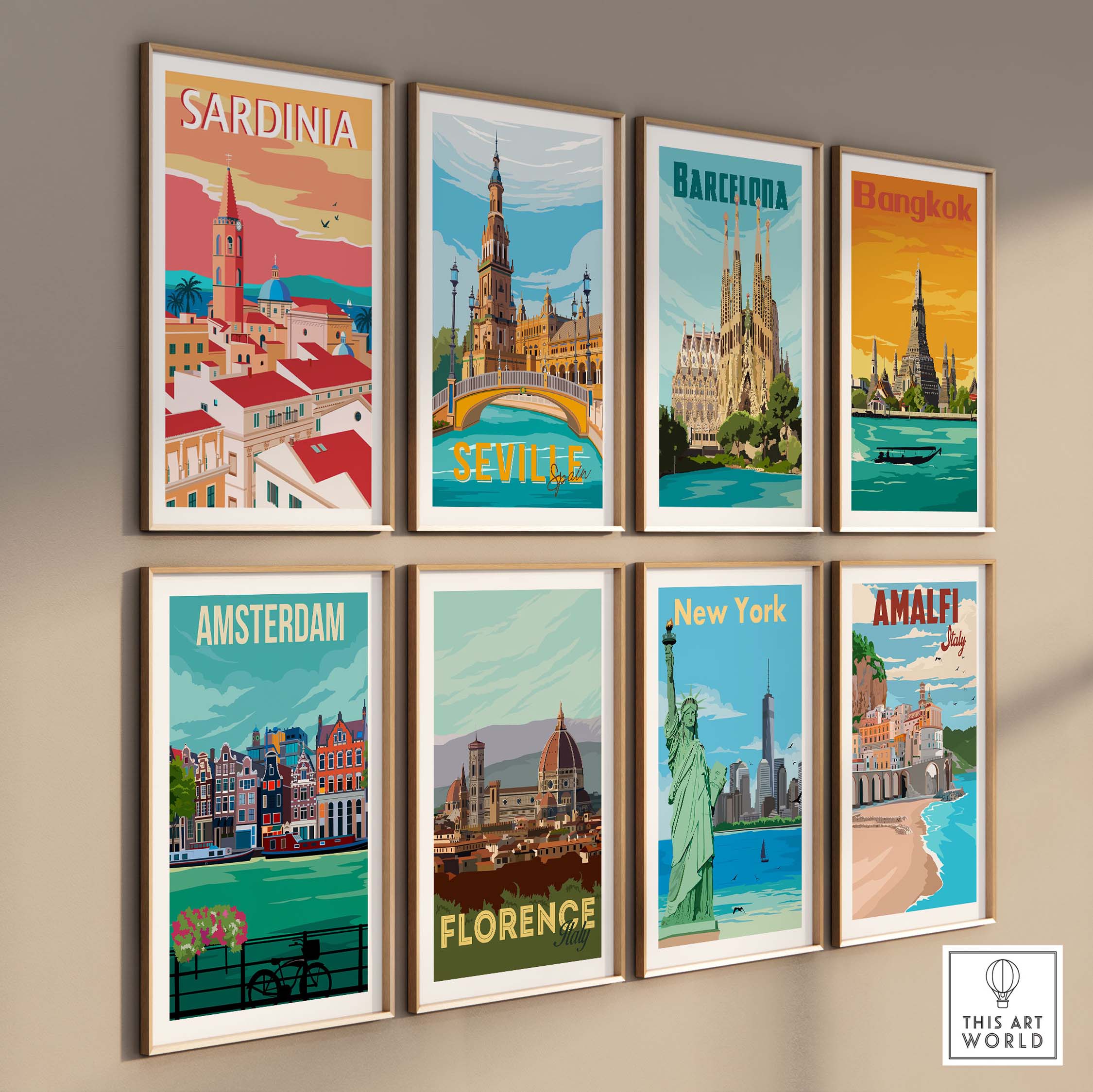 Collection of travel poster prints featuring Sardinia, Amsterdam, New York, and more in a stylish display.