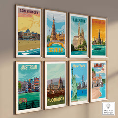 Gallery of vintage travel posters featuring Scheveningen, Amsterdam, Barcelona, and more.