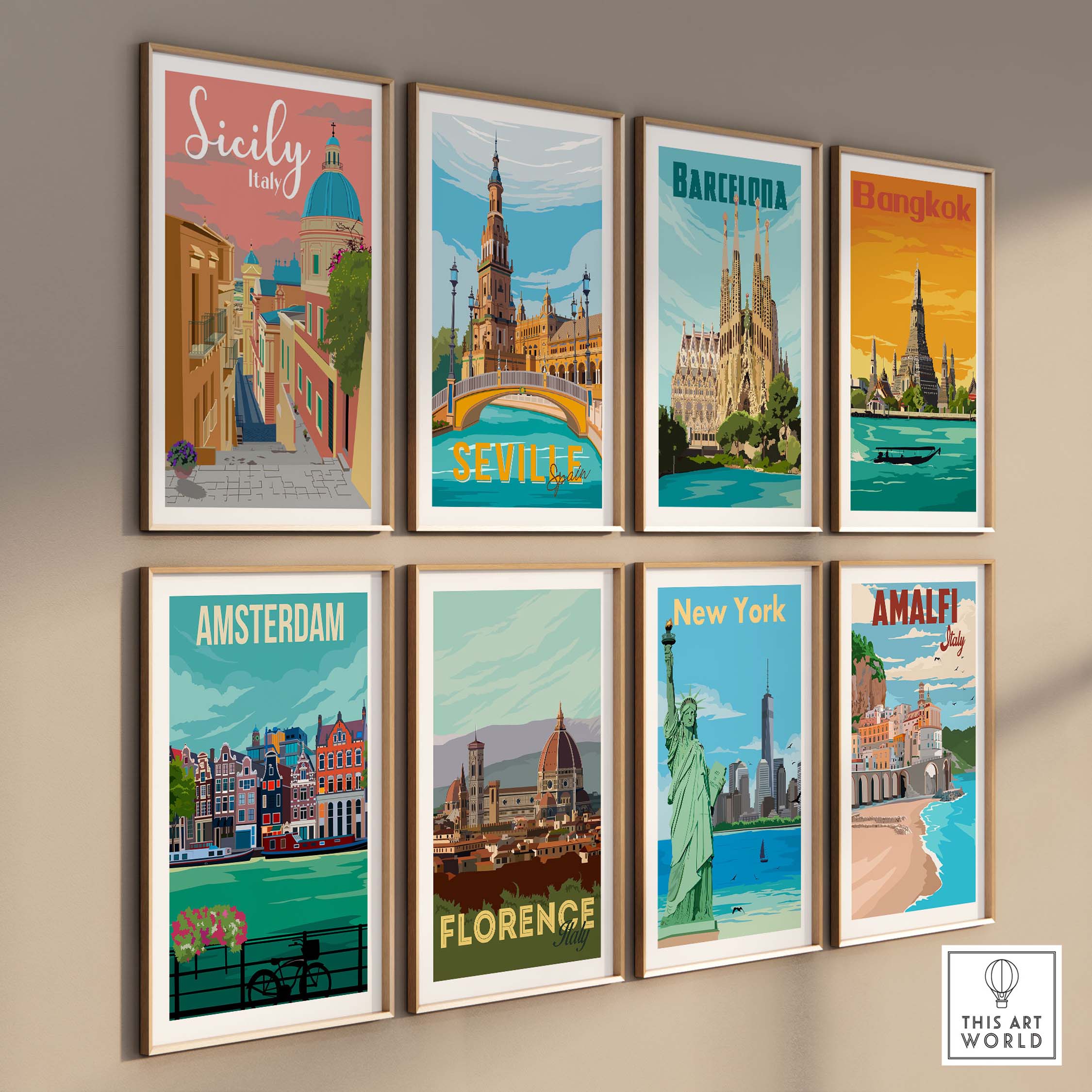 Sicily Print Italy Poster among vintage travel artwork featuring Barcelona, Bangkok, Amsterdam, Florence, New York, and Amalfi.