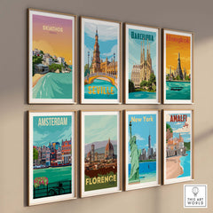 Skiathos and global travel poster prints on a gallery wall, featuring vintage minimalistic designs.