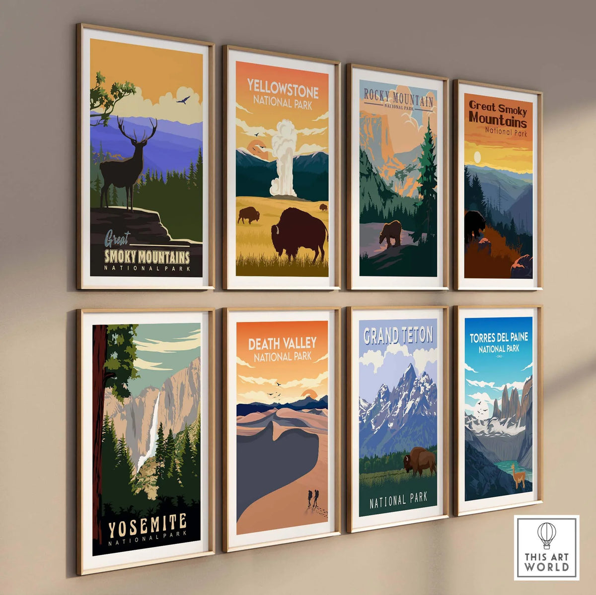 Framed vintage-style Yosemite National Park print among other national park posters in a stylish display.