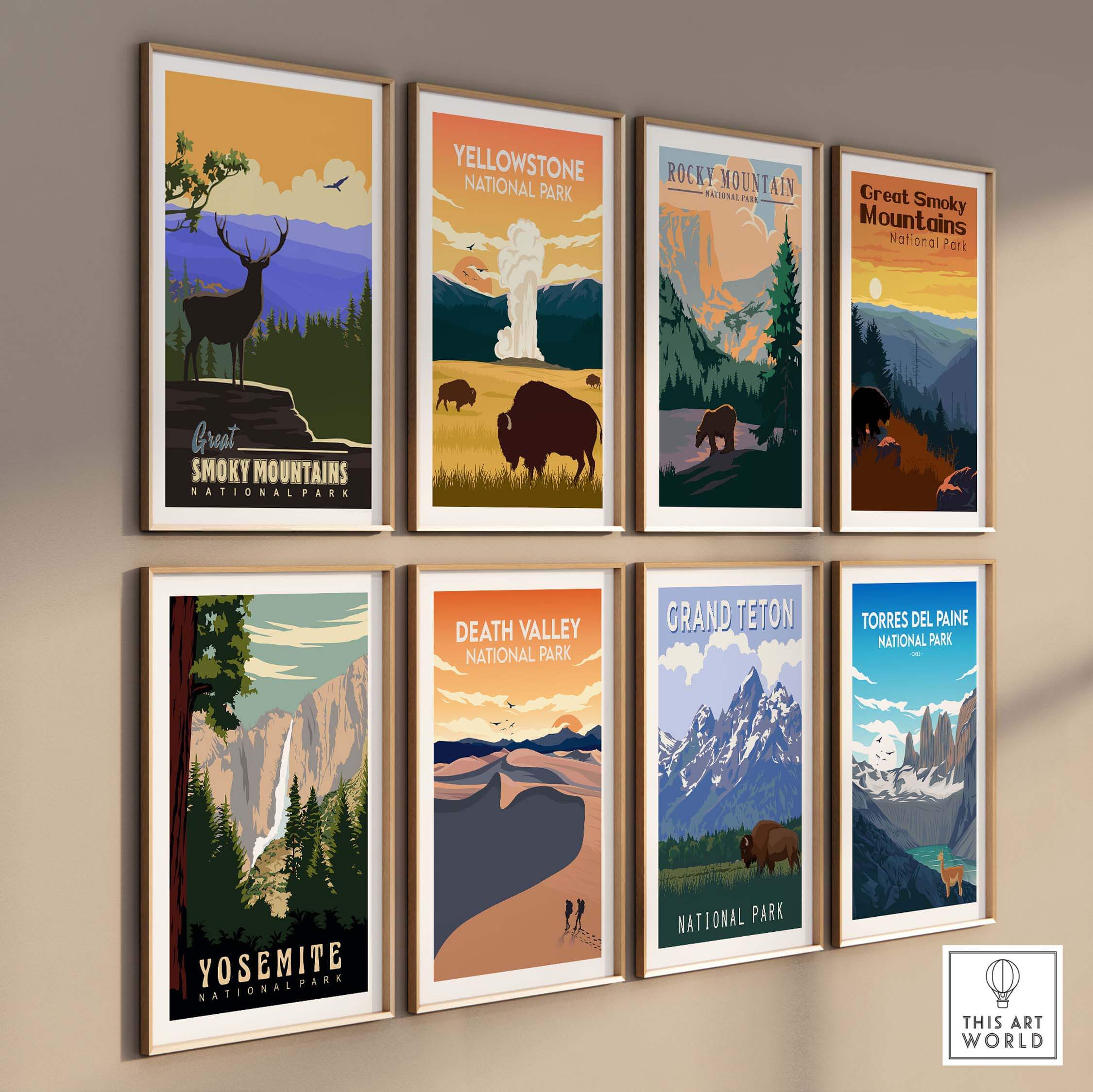 Framed vintage-style Yosemite National Park print among other national park posters in a stylish display.