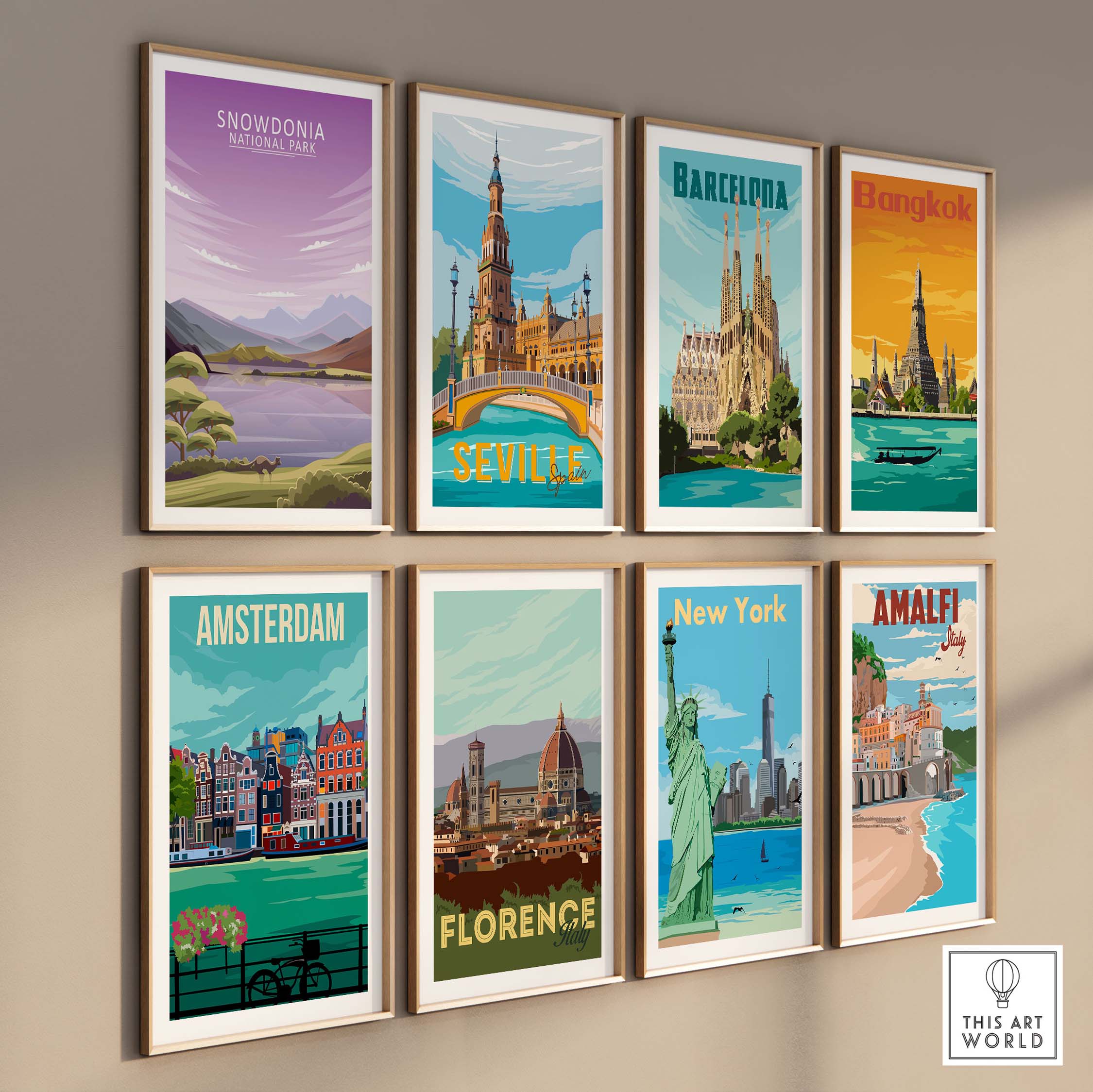 Colorful travel posters displayed on a wall featuring cities like Snowdonia, Barcelona, Bangkok, and New York.