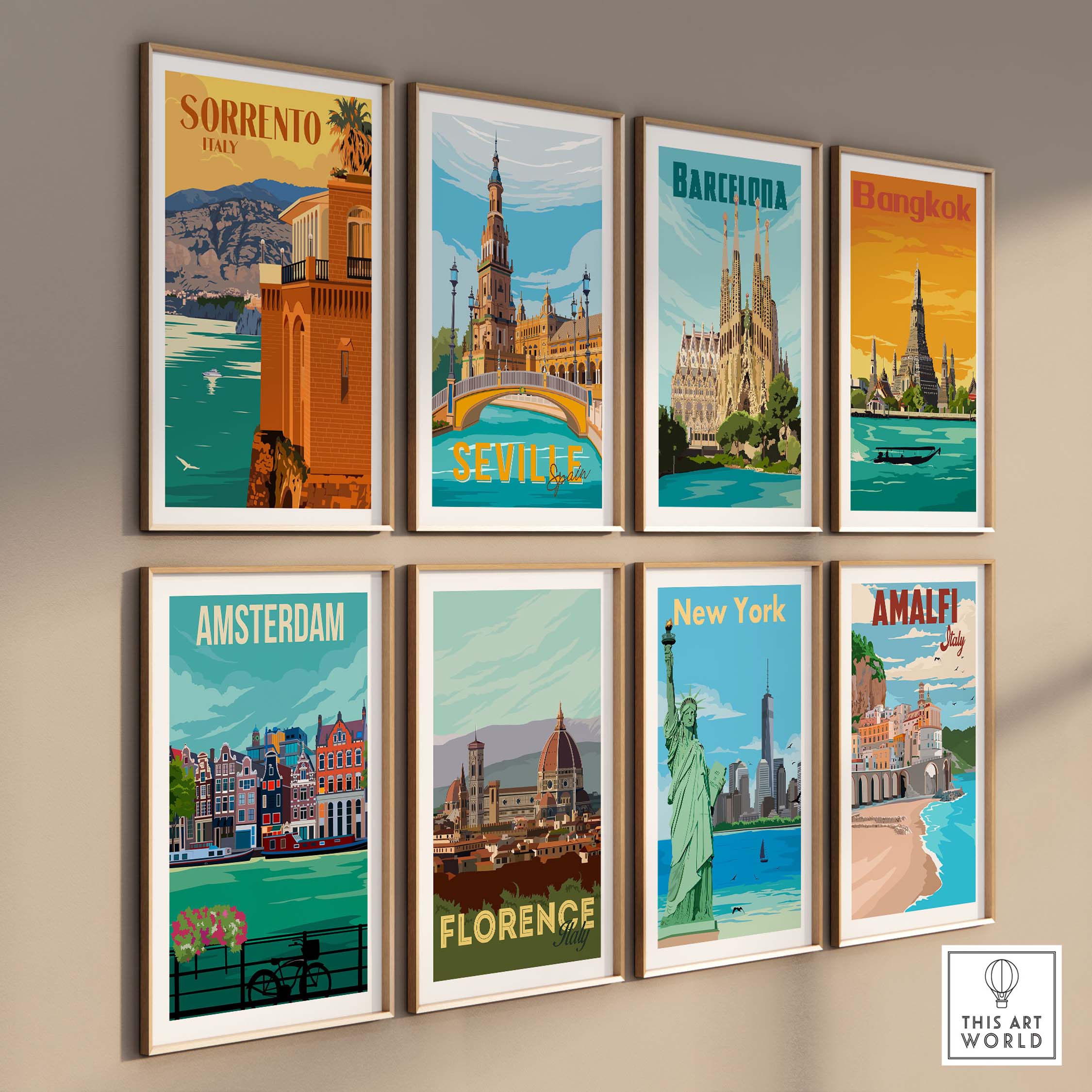 Sorrento Poster Print Wall Art collection featuring vintage travel destinations including Barcelona, Bangkok, and New York.