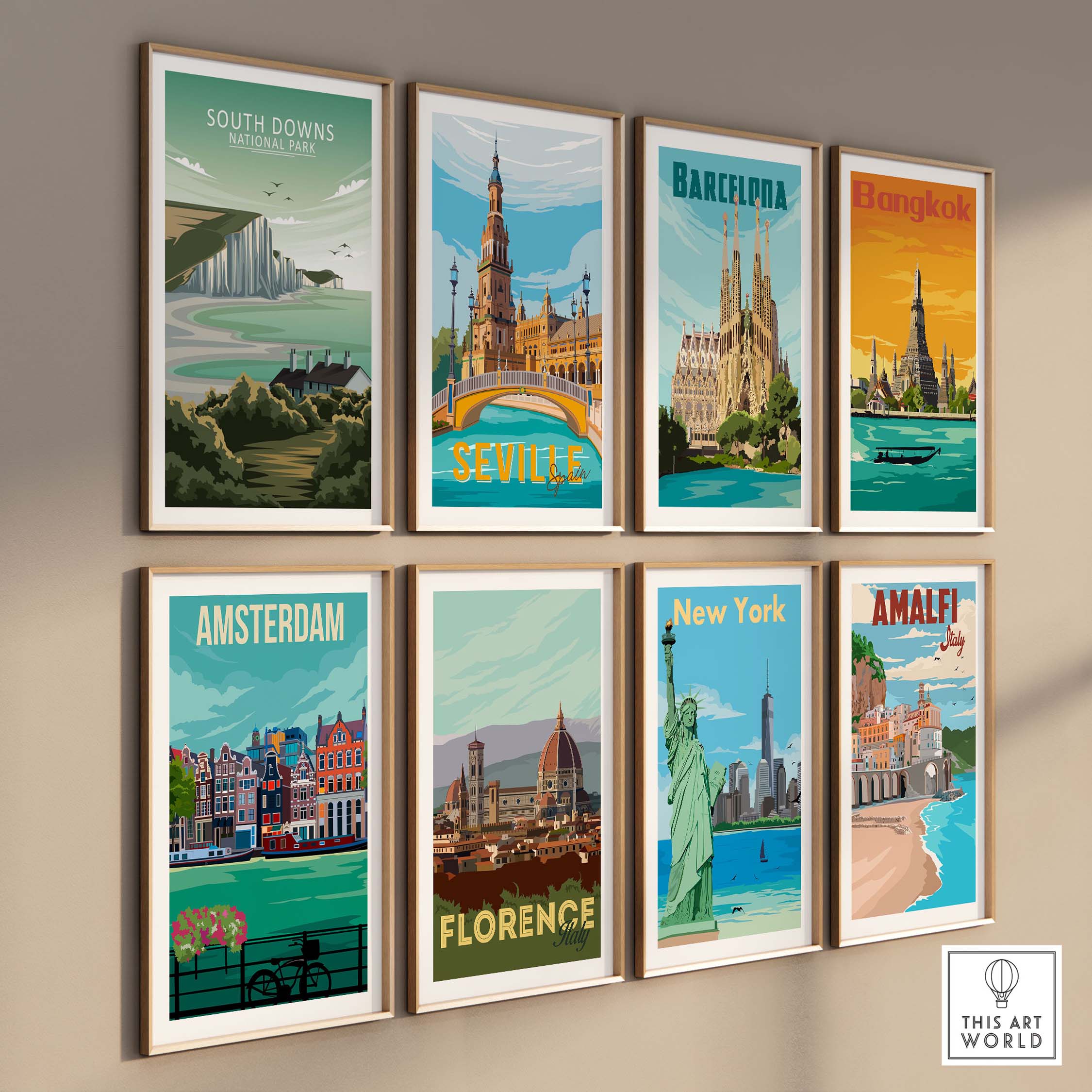Gallery of minimalist travel posters featuring South Downs, Barcelona, Bangkok, and more, beautifully displayed in frames.