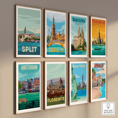 Split Croatia vintage travel poster art display featuring framed designs of famous cities.