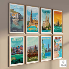 Gallery of travel posters featuring St Ives, Barcelona, Seville, and more in vibrant colors, perfect for home decor.