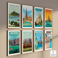 St Michael's Mount Print Cornwall and travel poster collection displayed in stylish frames on a wall.