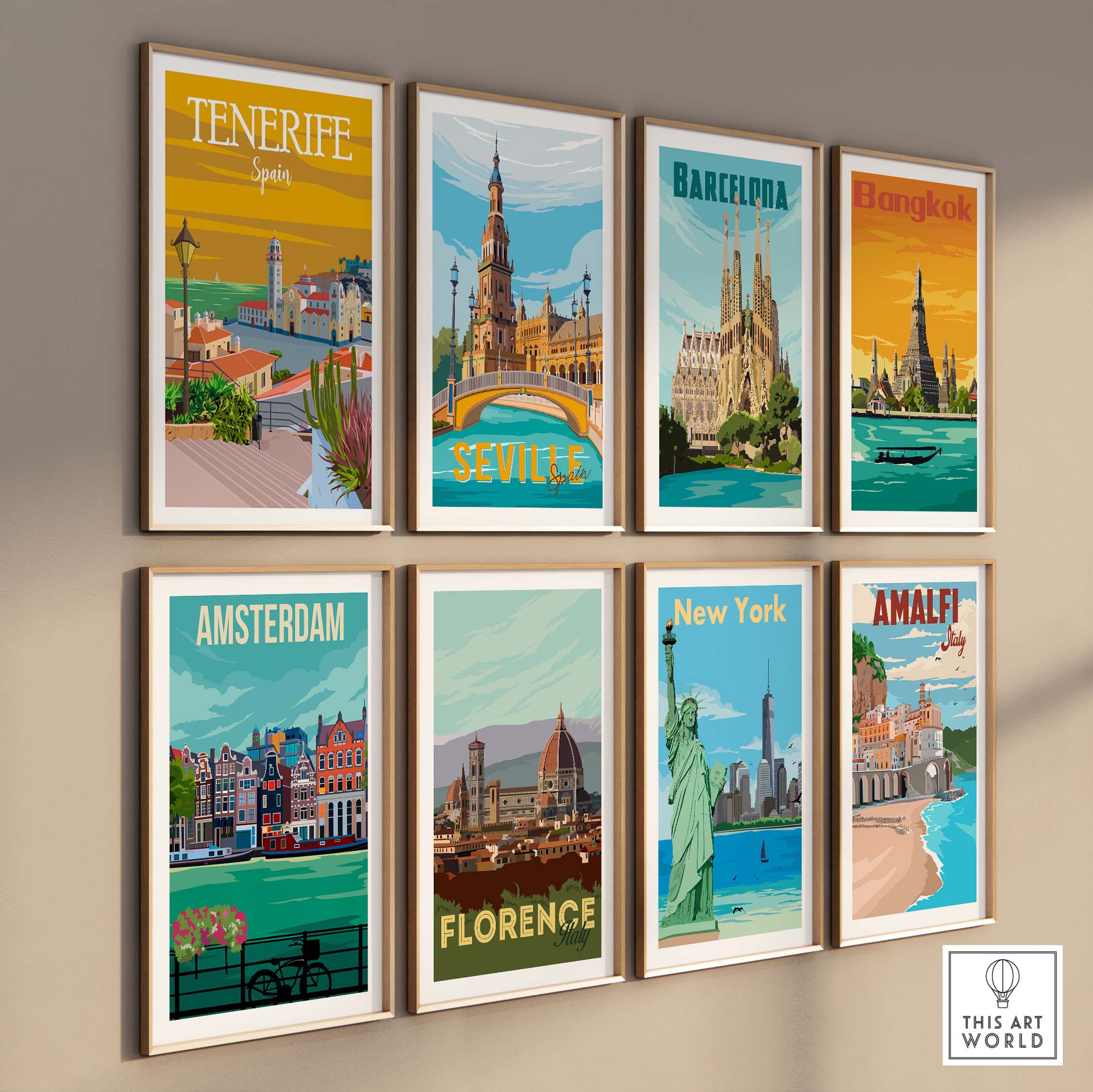 Tenerife poster print wall art showcasing vintage travel destinations, including Barcelona and Amsterdam.