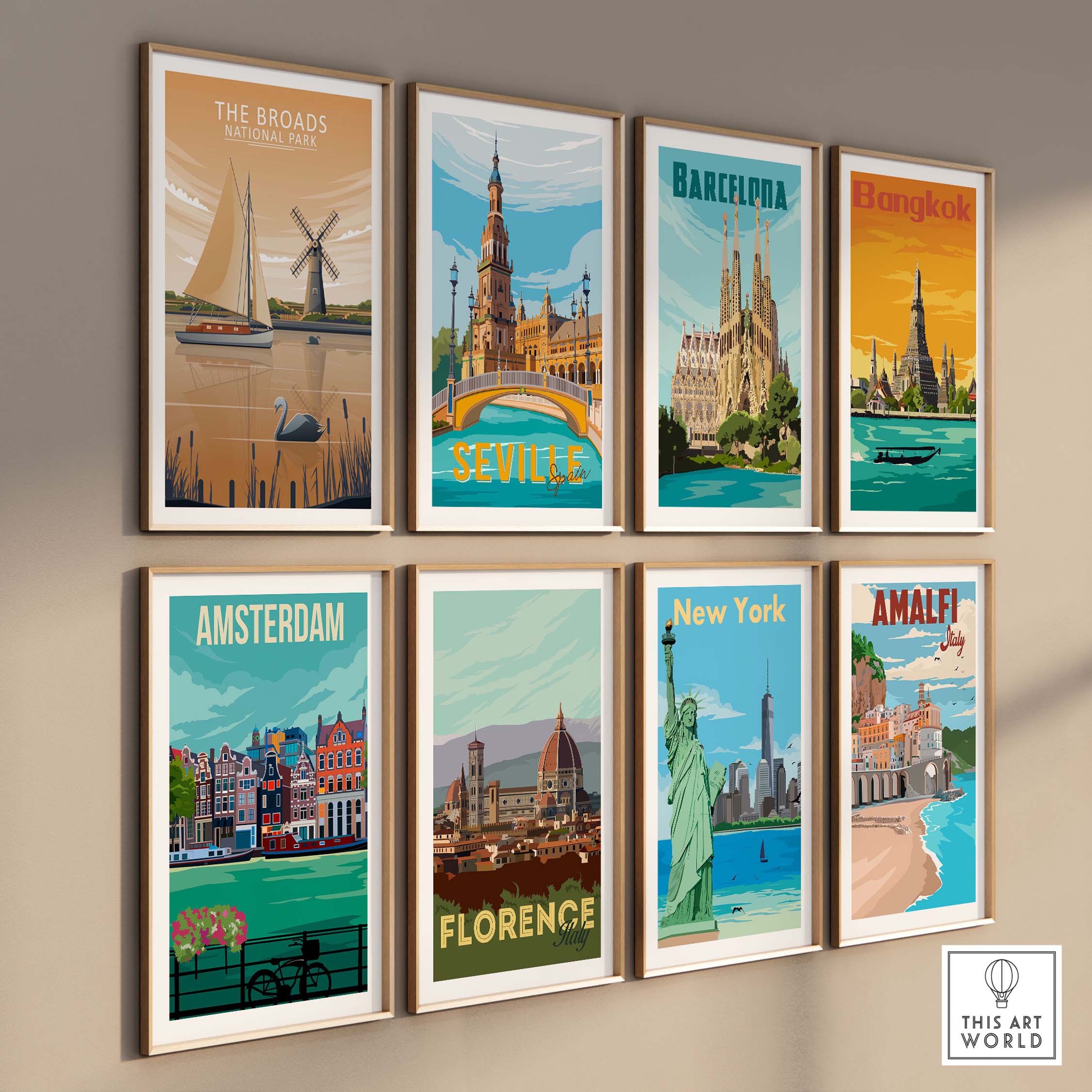 Collection of vibrant travel posters including The Broads, Barcelona, and New York showcasing minimalist design.