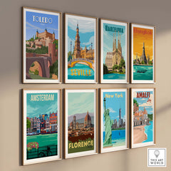 Collage of vintage travel posters featuring Toledo, Seville, Barcelona, Amsterdam, New York, Florence, Bangkok, and Amalfi.