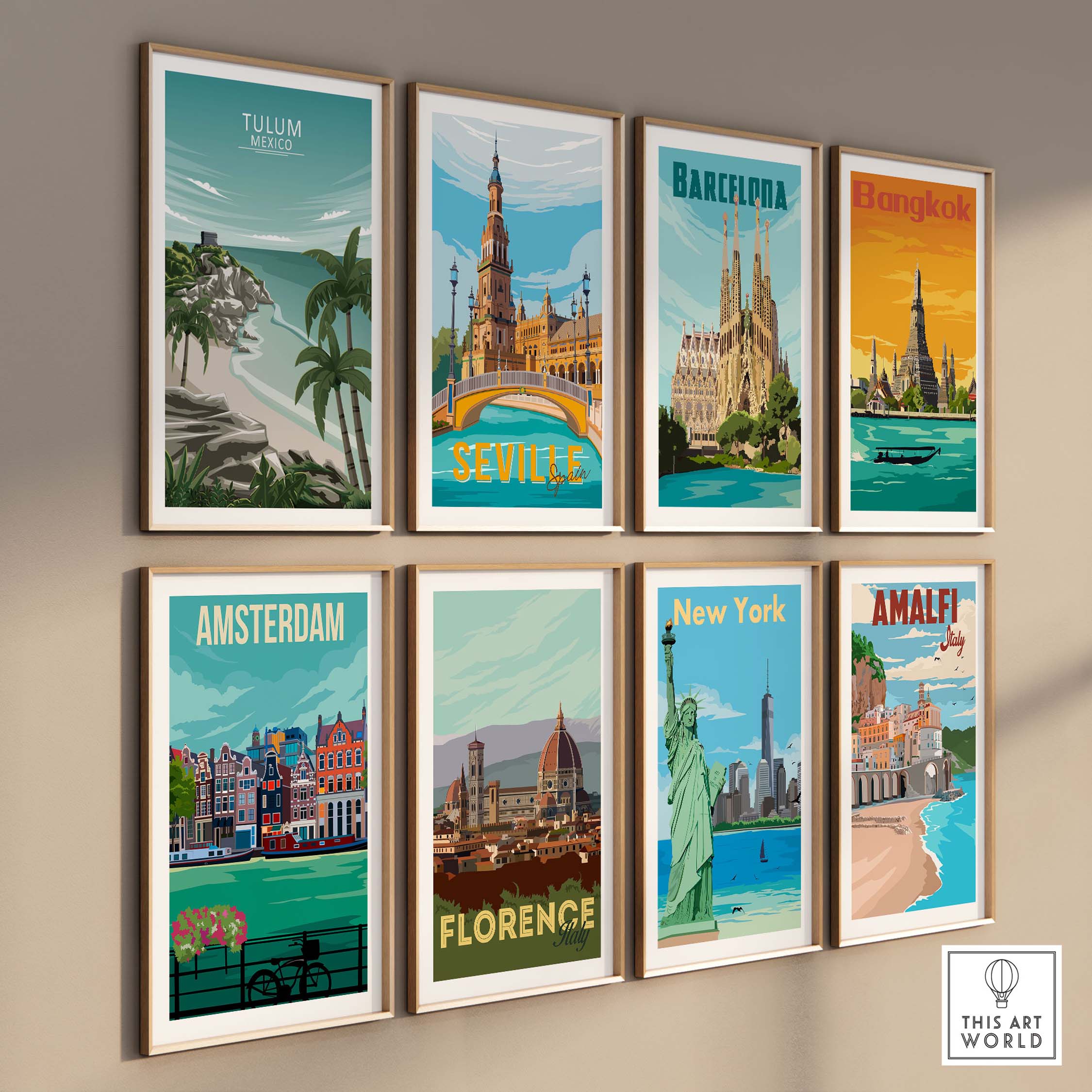 Collection of travel wall art prints featuring Tulum, Barcelona, and more, showcasing minimalist designs in stylish frames.