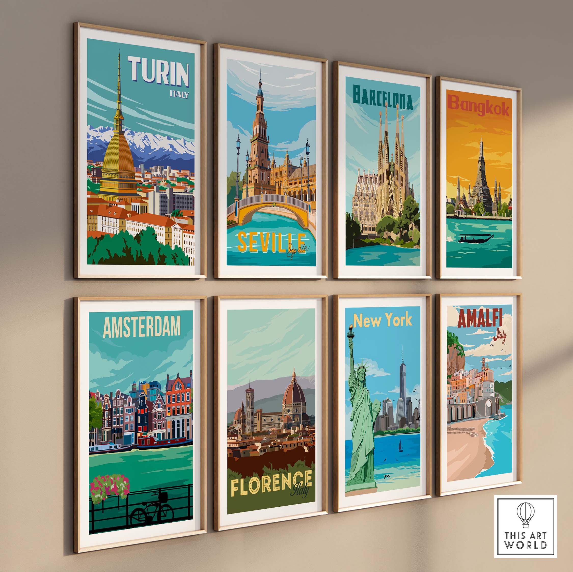 Collection of vintage-style travel posters featuring Turin, Barcelona, Bangkok, Seville, Amsterdam, Florence, New York, and Amalfi.