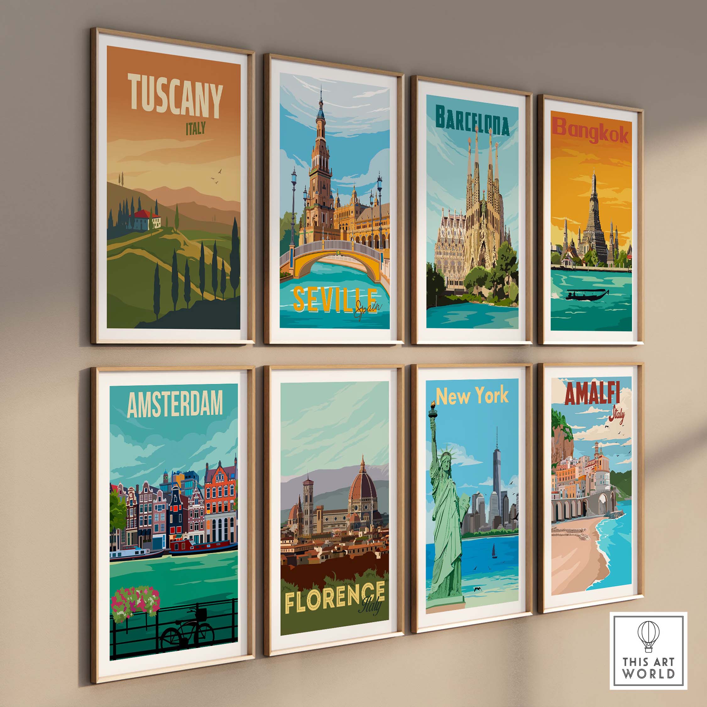 Vintage travel poster art featuring Tuscany, Barcelona, Bangkok, Seville, Amsterdam, Florence, New York, and Amalfi.