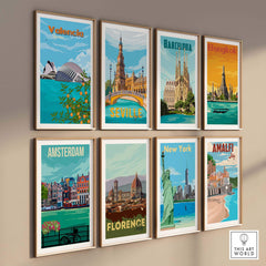 Stylish wall art prints featuring Valencia, Barcelona, Seville, Bangkok, Amsterdam, Florence, New York, and Amalfi.