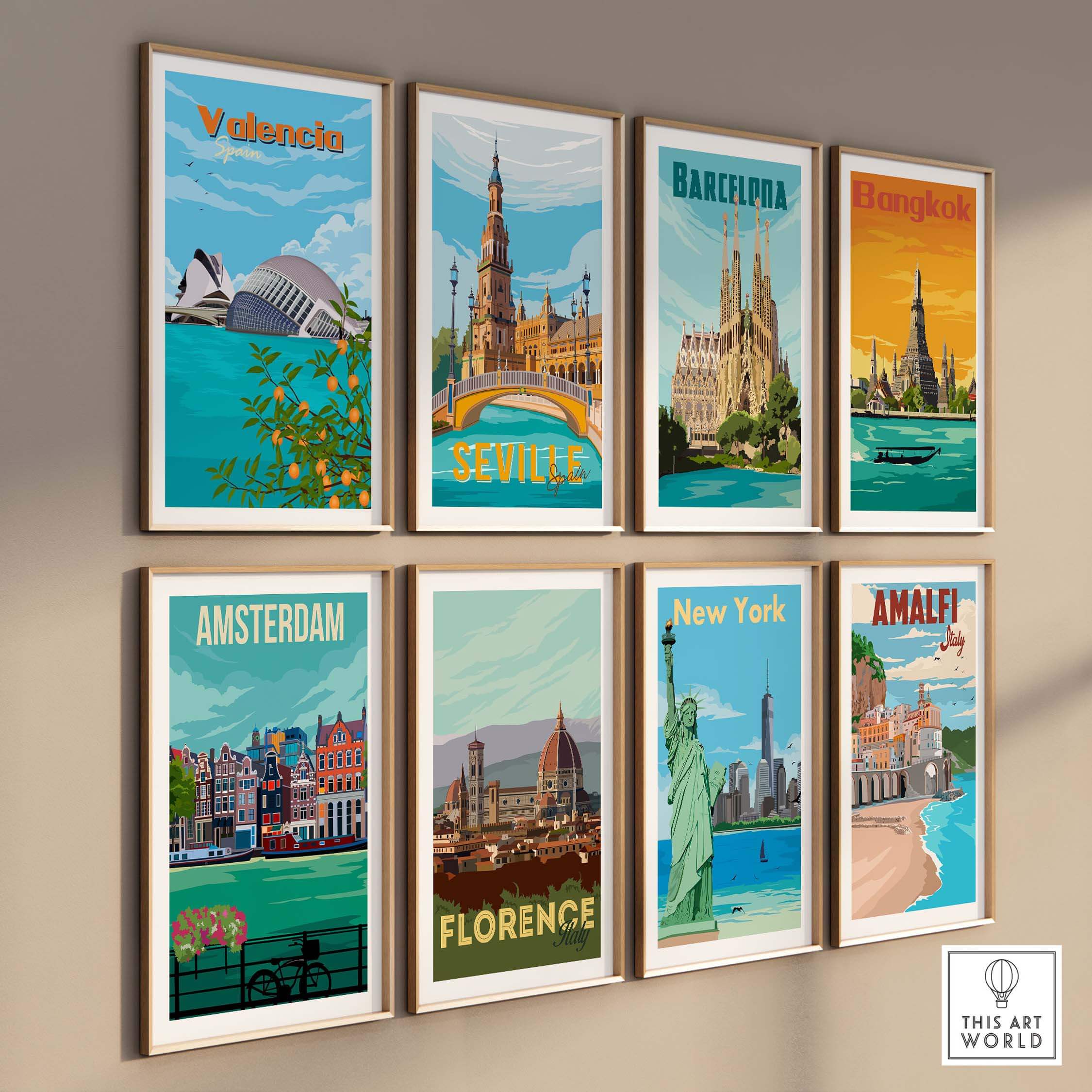Stylish wall art prints featuring Valencia, Barcelona, Seville, Bangkok, Amsterdam, Florence, New York, and Amalfi.