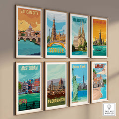 Vatican City Print and vintage travel posters in a minimalist gallery wall display.