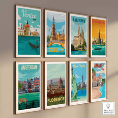 Venice Poster Wall Art Print featuring vintage travel designs from various cities, ideal for home or office decor.