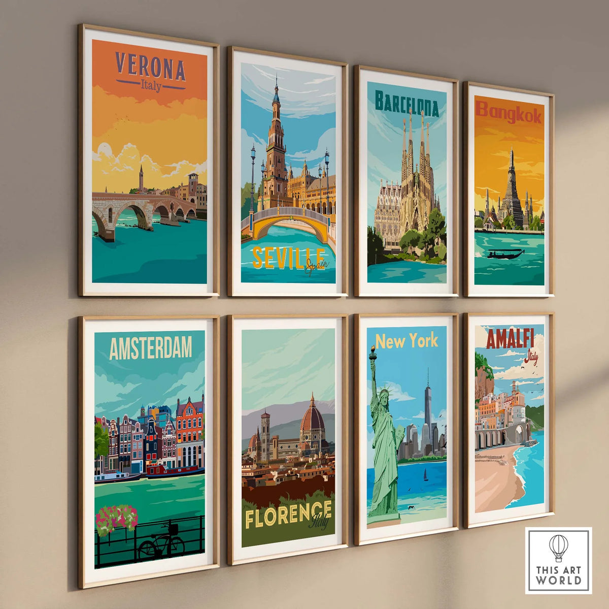 Vintage travel poster prints featuring Verona, Barcelona, Bangkok, Seville, Amsterdam, Florence, New York, and Amalfi.
