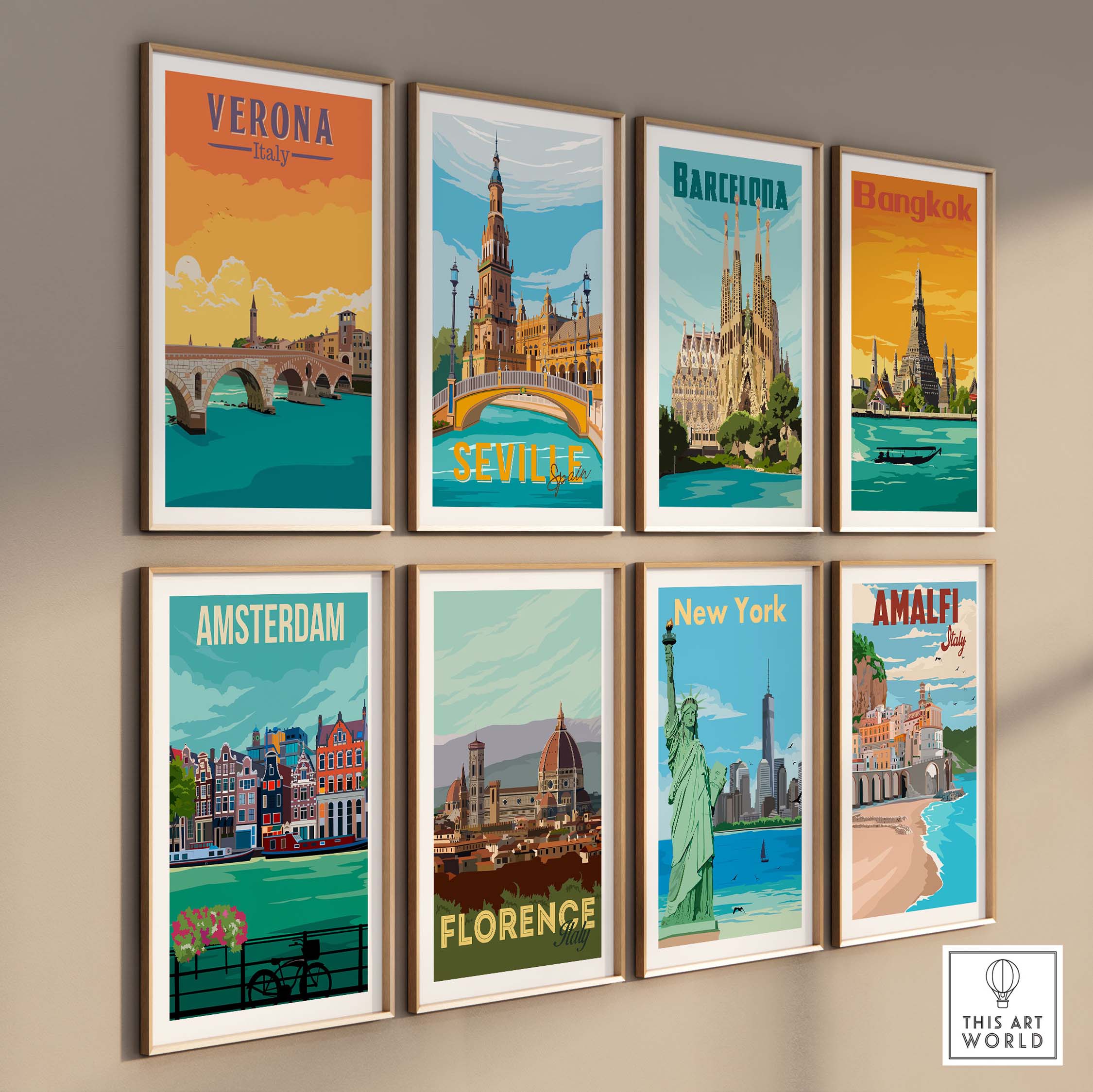 Vintage travel poster prints featuring Verona, Barcelona, Bangkok, Seville, Amsterdam, Florence, New York, and Amalfi.
