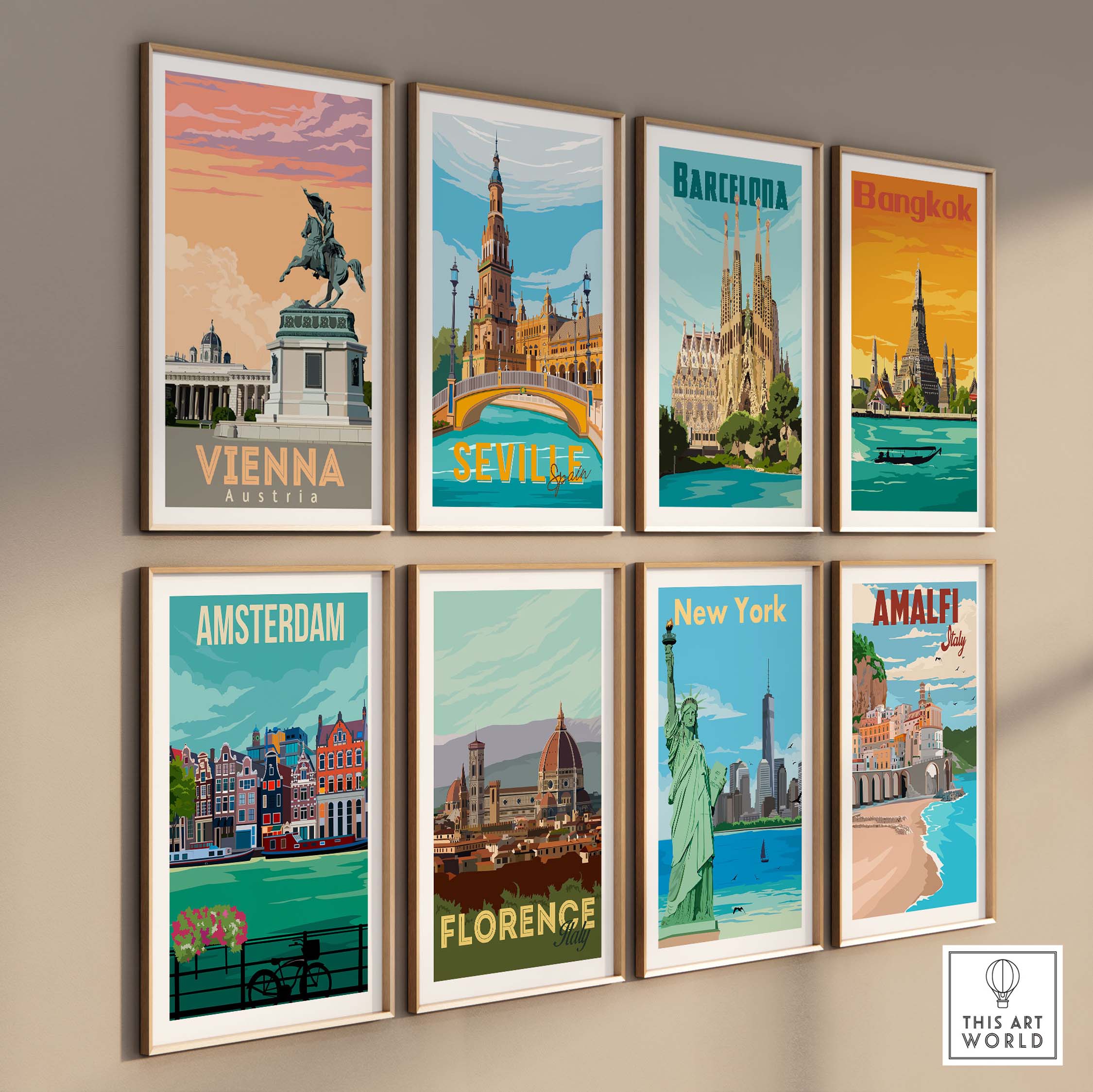 Collection of vintage travel posters featuring Vienna, Seville, Barcelona, Bangkok, Amsterdam, Florence, New York, and Amalfi.