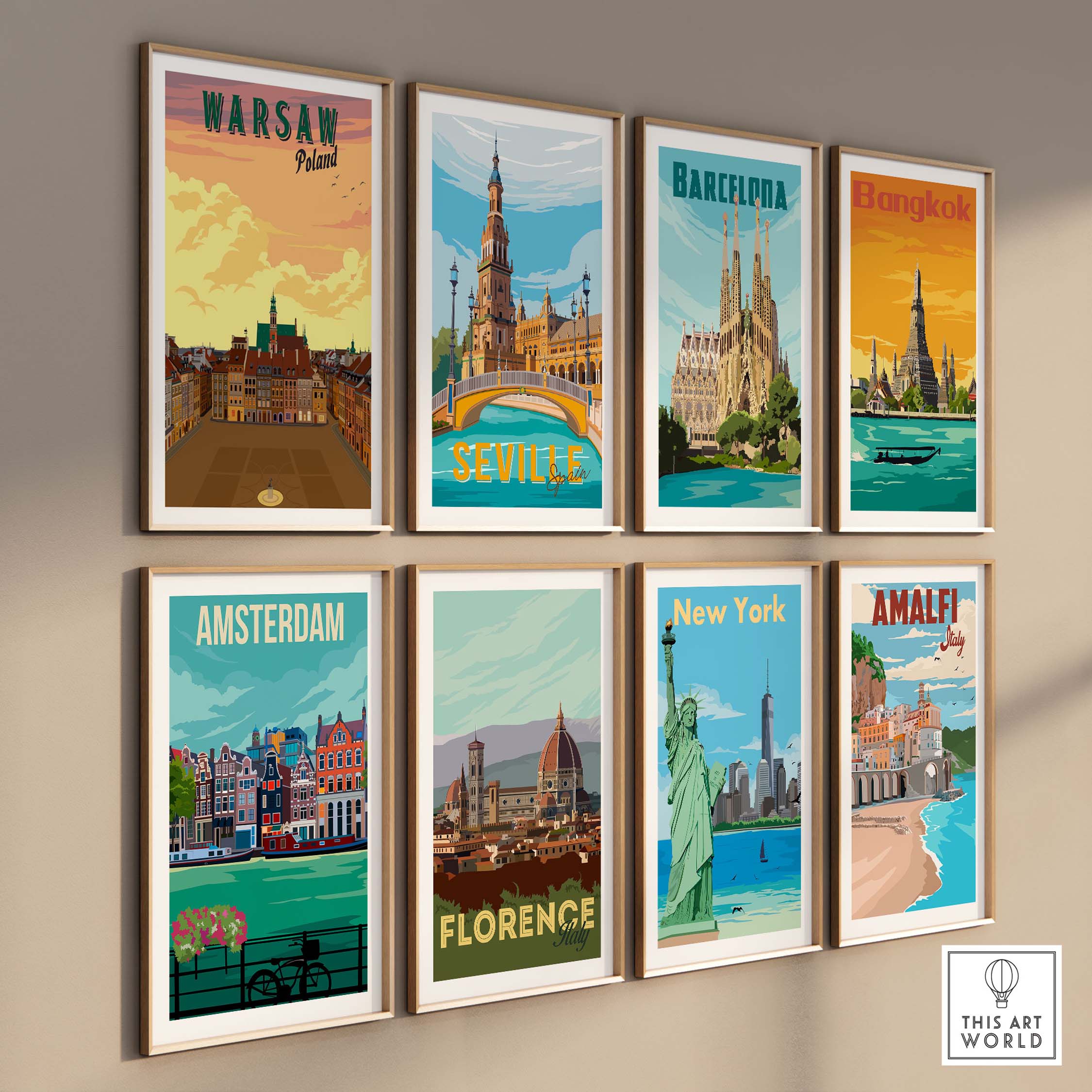 Colorful vintage travel posters featuring Warsaw, Barcelona, Bangkok, Seville, Amsterdam, Florence, New York, and Amalfi.