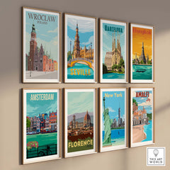 Wroclaw Poland poster alongside framed travel art prints of Barcelona, Bangkok, Seville, Amsterdam, Florence, New York, and Amalfi.
