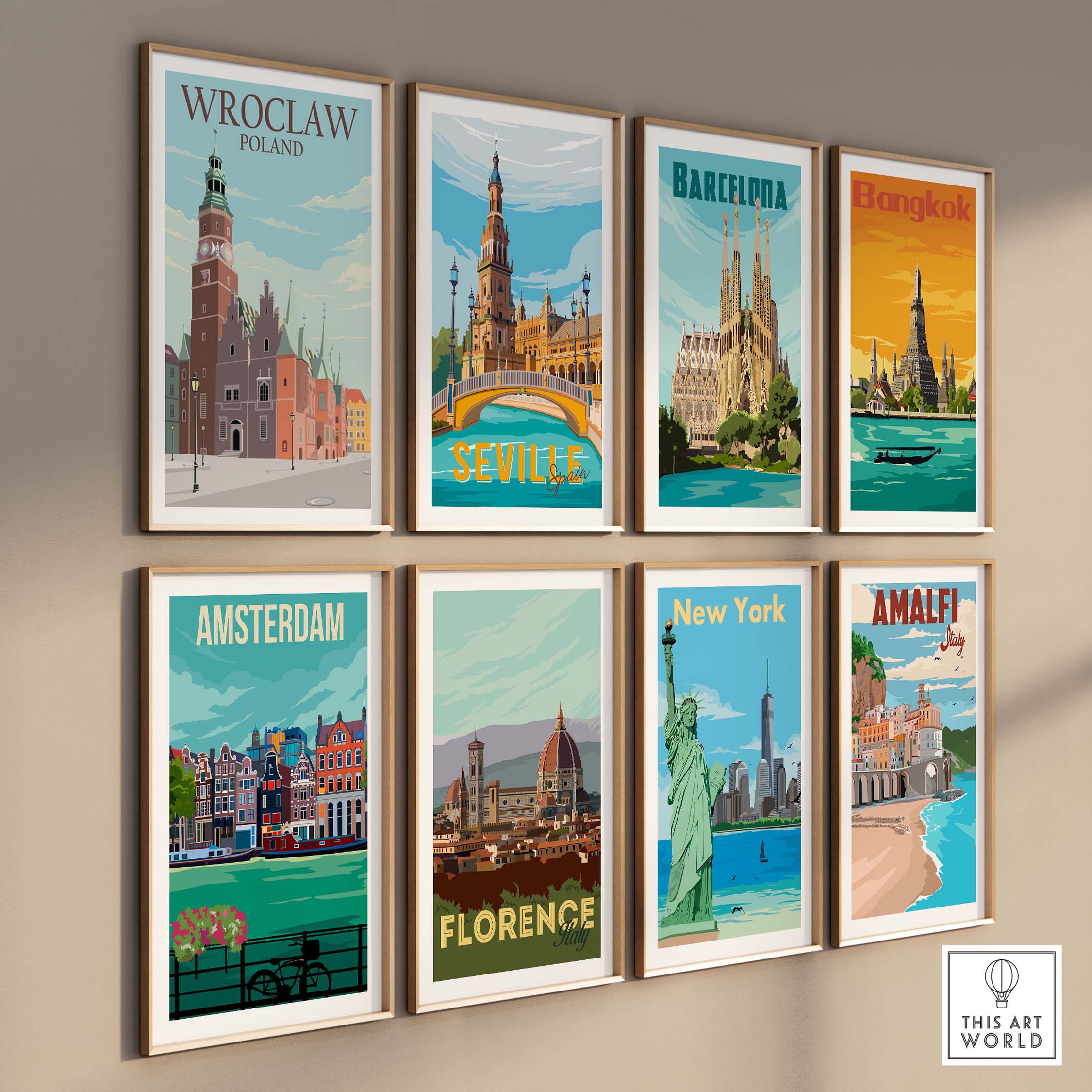 Wroclaw Poland poster alongside framed travel art prints of Barcelona, Bangkok, Seville, Amsterdam, Florence, New York, and Amalfi.