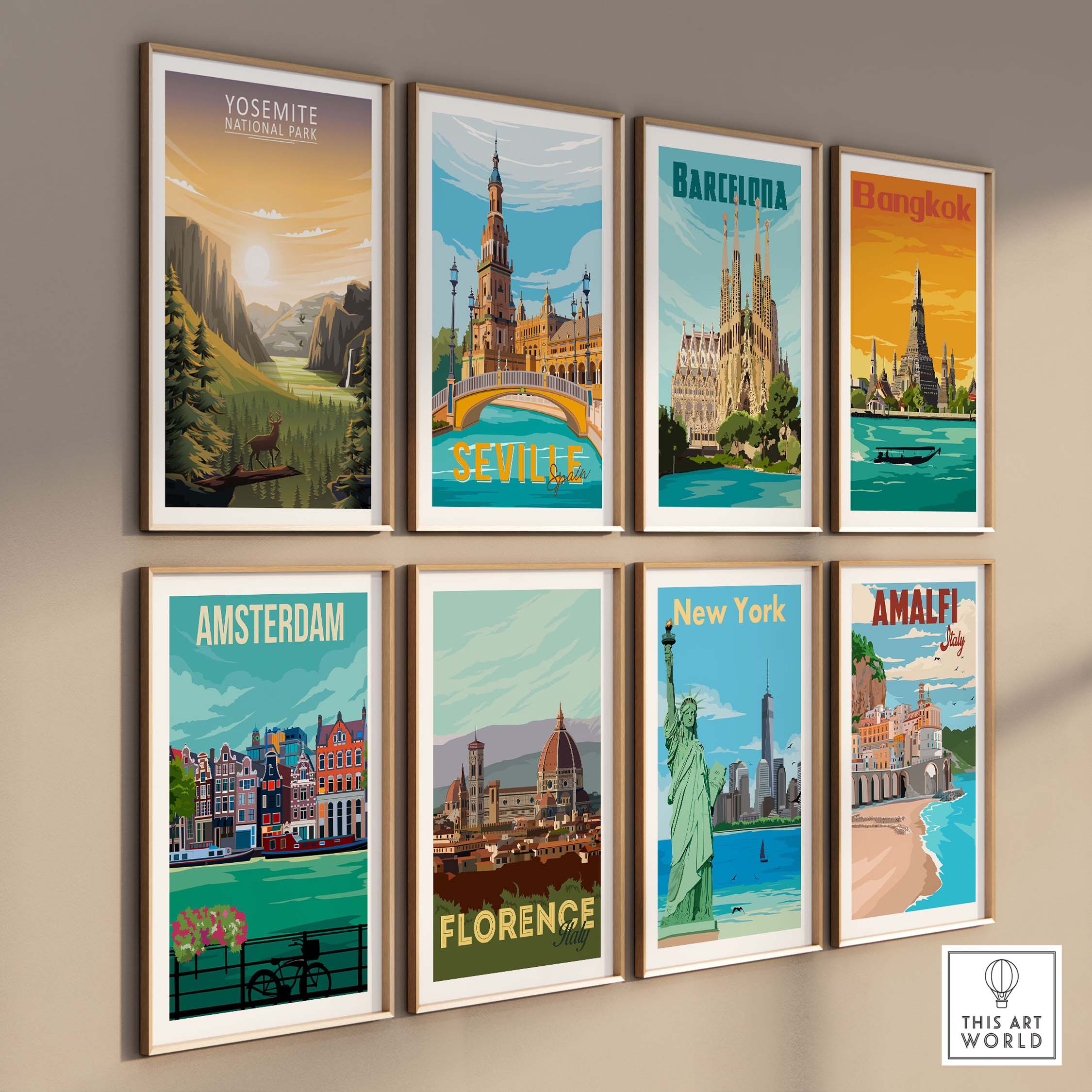 Yosemite National Park poster among various city prints, showcasing travel-inspired minimalist artwork in frames.