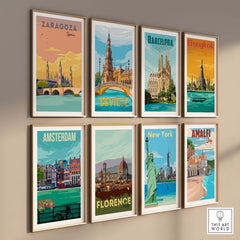 Collection of vintage travel posters featuring Zaragoza, Barcelona, Bangkok, Seville, Amsterdam, Florence, New York, and Amalfi.