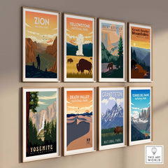 Collection of minimalist national park posters featuring Zion, Yellowstone, and other iconic landscapes.