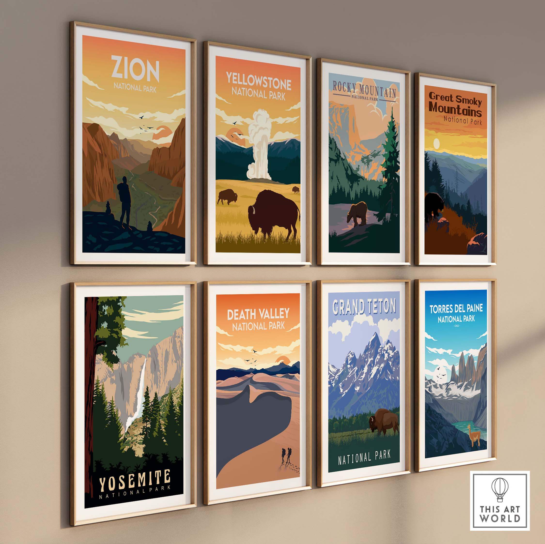 Collection of minimalist national park posters featuring Zion, Yellowstone, and other iconic landscapes.