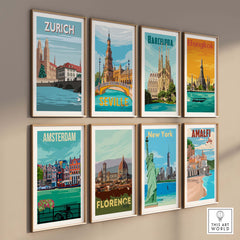 Zurich Switzerland travel poster prints in a stylish gallery wall display featuring various city artworks.