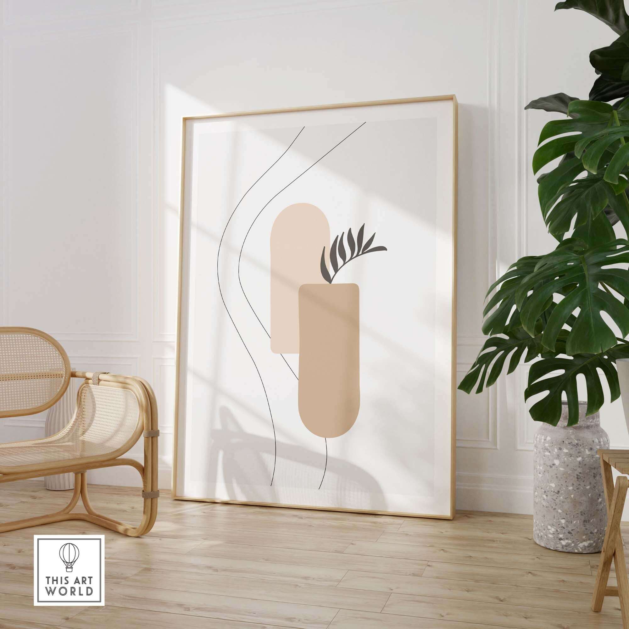 Palm Leaf Print abstract artwork in a modern room, framed with natural décor and greenery.
