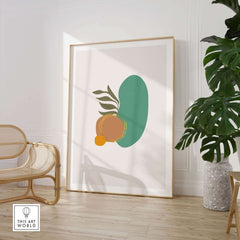 Mid Century Wall Art featuring abstract shapes and a plant, enhancing modern decor in a stylish interior setting.