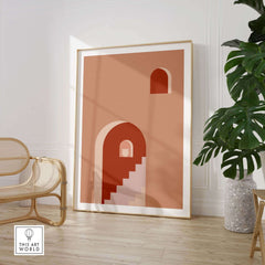 Mid century abstract print featuring minimalistic stairs and arches, framed art for modern home decor.