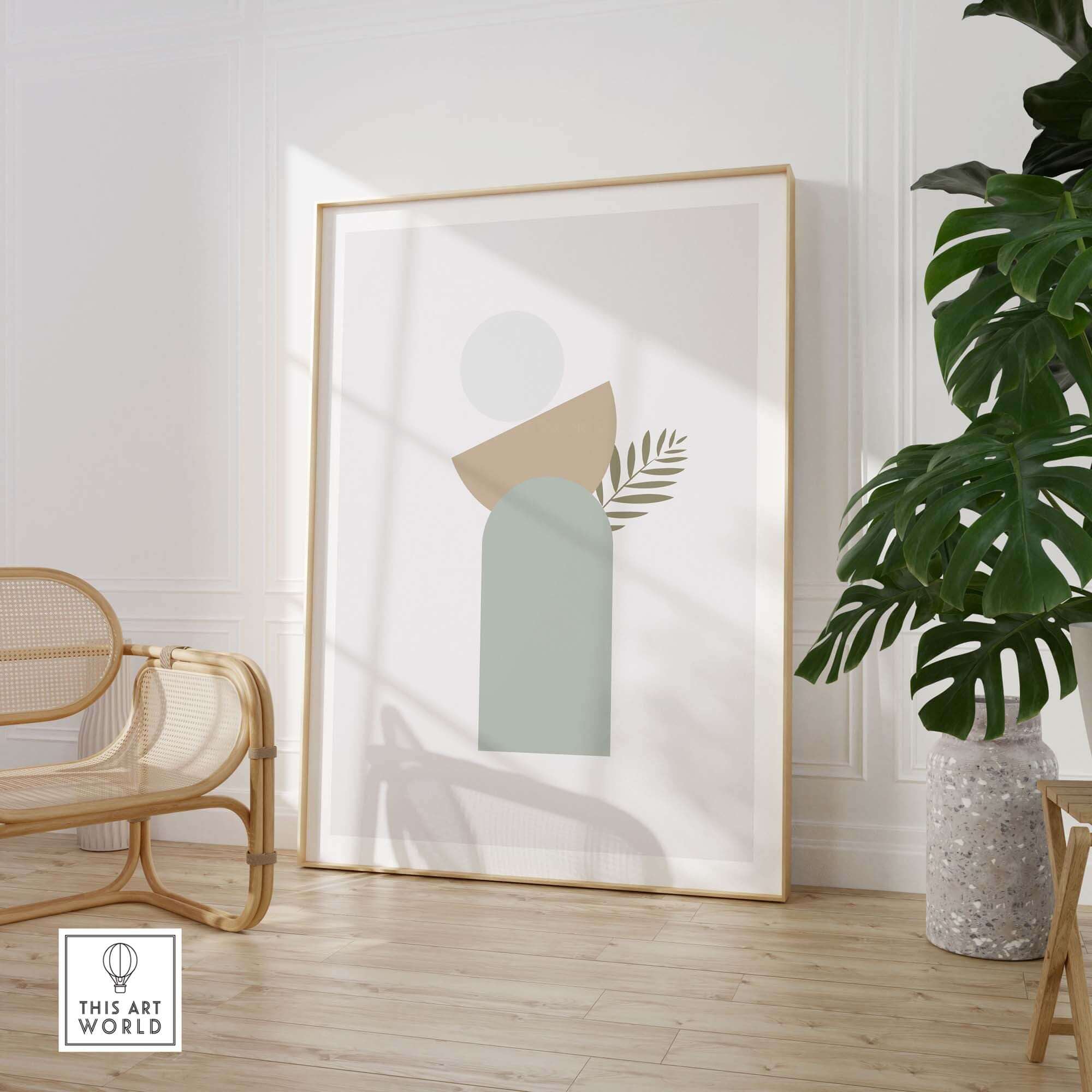 Stylish abstract wall art featuring geometric shapes and a leaf, enhancing modern home decor.