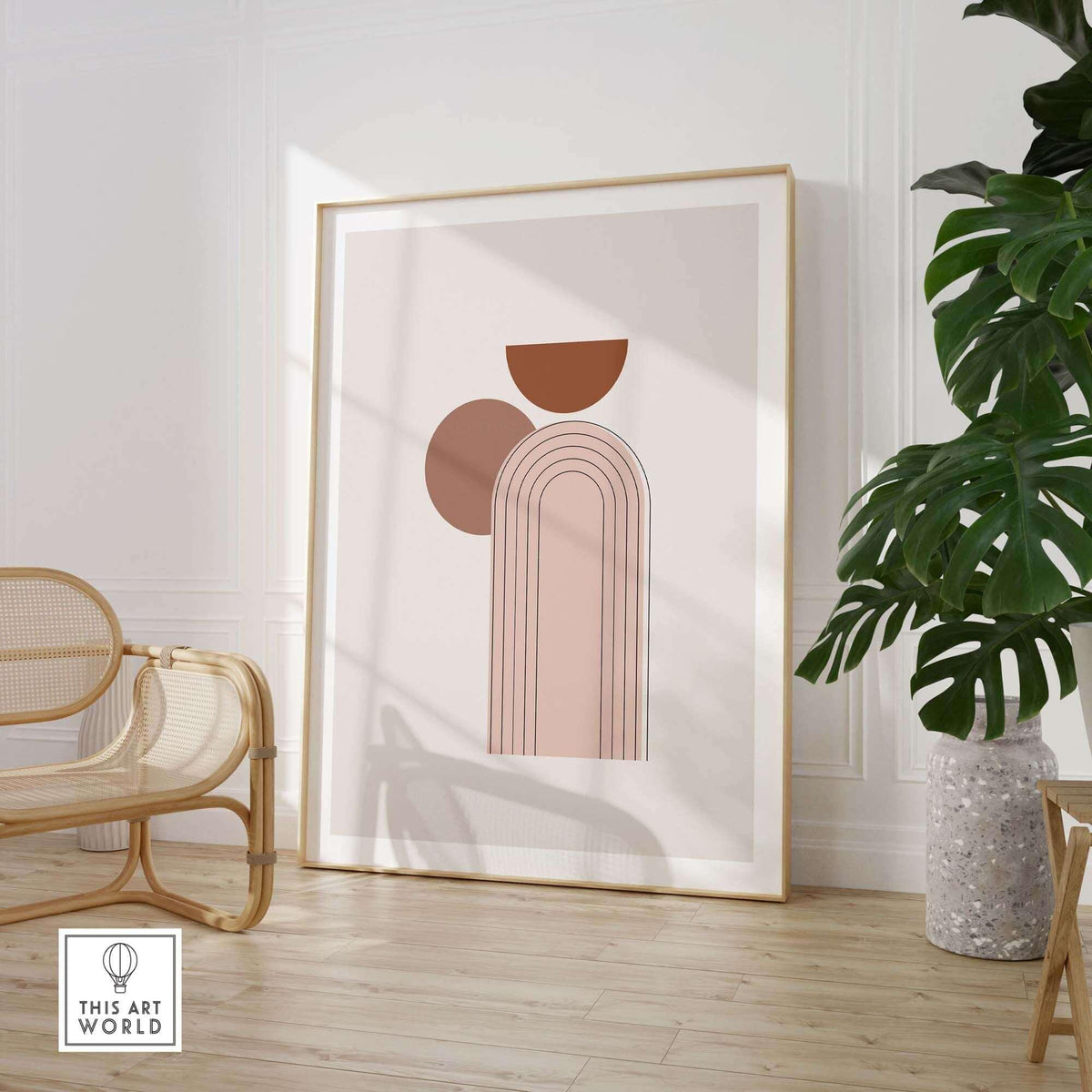 Abstract drawing print in a stylish setting, featuring modern shapes and earthy tones, perfect for contemporary decor.