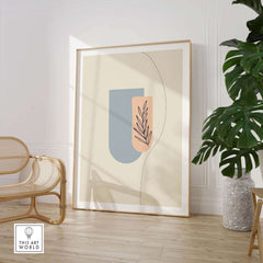 Boho art print featuring abstract shapes and plant design, perfect for stylish home or office decor.