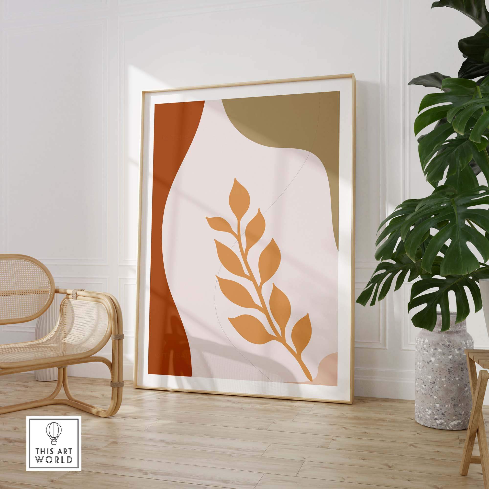 Abstract Leaf Wall Art framed in warm colors, enhancing modern interior decor with a contemporary boho touch.