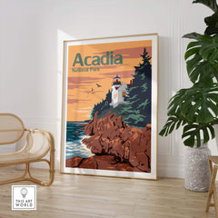 Acadia National Park poster featuring a lighthouse and rocky coastline, perfect for travel and outdoor enthusiasts.