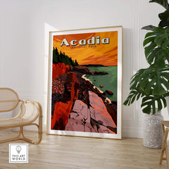 Acadia National Park print featuring coastal scenery and vintage design, framed in a stylish home setting.