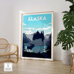 Alaska poster wall art print featuring a moose and mountain landscape in vibrant colors.